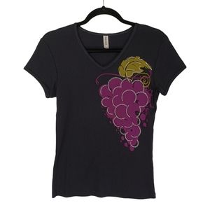 CHRIS'S STUFF Purple Grape Rhinestone Print Short Sleeve Black T Shirt Top